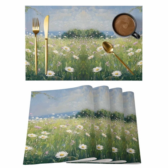 Oil Painting Grassland Placemats Set of 2, Country White Daisy Flower Non-Slip Place Mats Washable Table Mats for Kitchen Dining Table Decorations Indoor/Outdoor