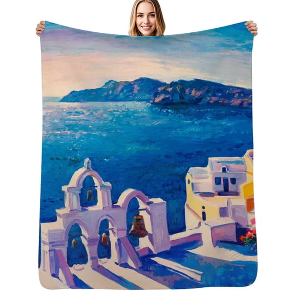 Oil Painting Greece Island On Canvas Flannel Blankets Soft Warm Throw Blanket Autumn Camping Bedroom Aesthetic Bedspread
