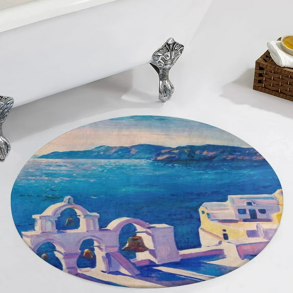 Oil Painting Greece Island On Canvas Round Carpet Circle Rug Outdoor Patio Area Rug Washable Large Area Rugs Hallway Room Decor Fitness Mats