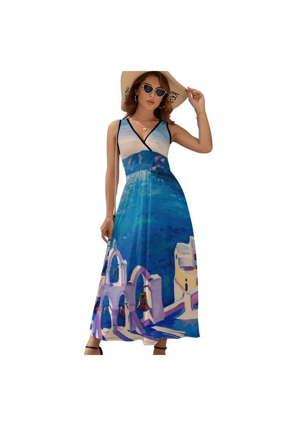 Oil Painting Greece Island On Canvas Womens Night Club Maxi Dress V Neck Sleeveless Bohemia Long Dresses