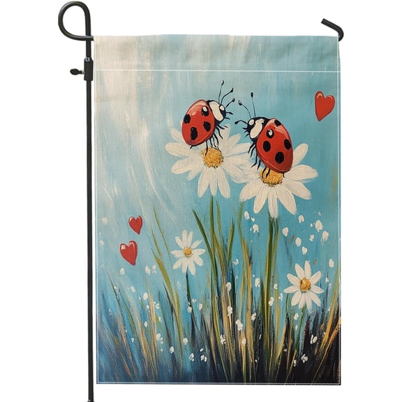 Oil Painting Ladybug Garden Flags 12x18 Inch Double Sided for Outside, Spring Daisy Insect Standard Vertical Canvas House Flags, Flowers Plant Front Yard Backyard Lawn Flags