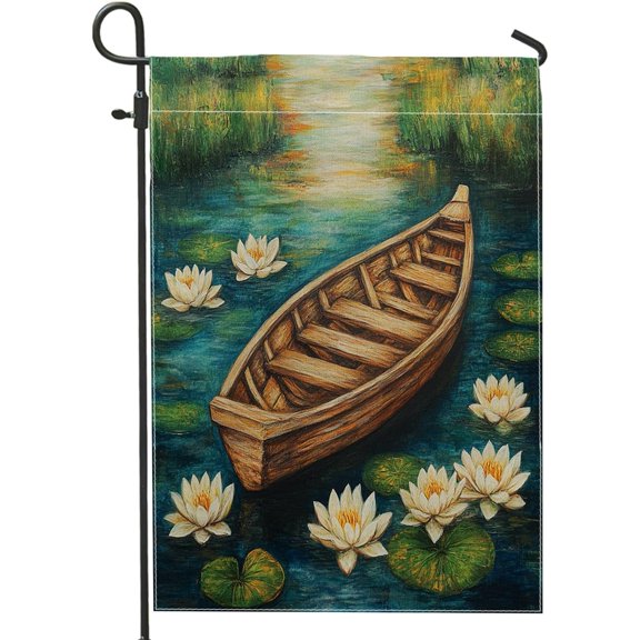 Oil Painting Lake Boat Garden Flags 12x18 Double Sided for Outside Decorative, Fun River Lotus Ship FrontYard Canvas House Flag, Nature Scenic Outdoor Small Backyard Lawn Flag