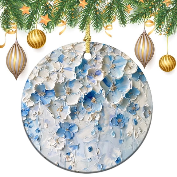 Oil Painting Light Blue Flowers Ceramic Ornament Gift for Flower Lover Christmas Decorations Ornament Christmas Decorations Ceramic Ornaments