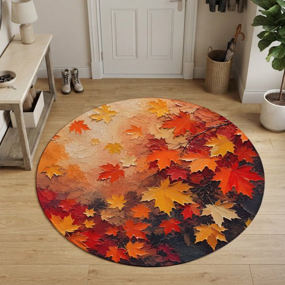 Oil Painting Maple Leaves Round Area Rug 3Ft Small Circle Rugs for Kitchen Entryway, Thanksgiving Fall Abstract Art Non-Slip Carpet Floor Mats Indoor Outdoor Carpet Runner Aesthetic Home Decor