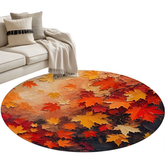 Oil Painting Maple Leaves Round Rug 3ft Washable Circle Entryway Rugs Non Slip Thanksgiving Fall Abstract Art Area Rug Indoor Floor Carpet for Bedroom Kitchen Living Room Home Office Dining Room