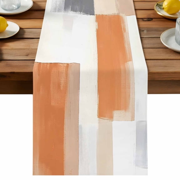 Oil Painting Modern Table Runner, Burnt Orange Grey Abstract Art Cotton Linen Table Cloth, Tablerunner for Kitchen Dining Party Wedding Home Decor 13x36 Inch