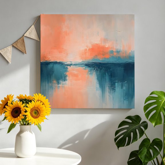 Oil Painting Ocean Beach Canvas Wall Art, Abstract Orange Sunset Framed Canvas Wall Decor Picture Print Artwork Decorations for Living Room Office Ready to Hang 8" x 8"