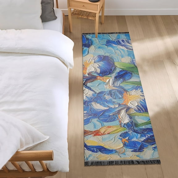 Oil Painting Of Blue Flowers Bedroom Runner Rug 2'x 6' Non Slip Carpet Indoor Home Area Rug Living Room