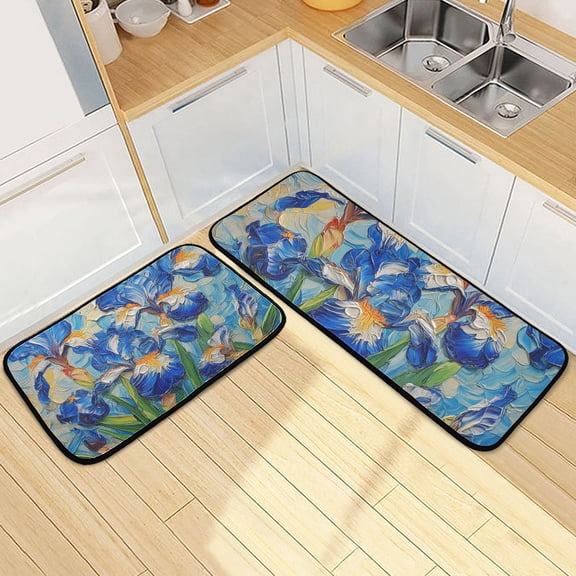 Oil Painting Of Blue Flowers Kitchen Mat Set of 2 Cushioned Non Slip Rugs for Bedroom Floor Runner Mats