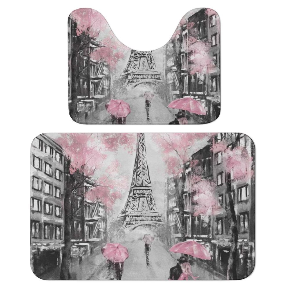 Oil Painting Paris Bathroom Rugs Set 2 Pieces, Bathroom Set Quick Drying Bath Mat And UShaped