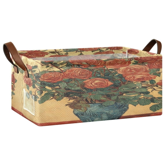 Oil Painting Patterns for Red Rose Pots Storage Basket Soccer Plaid Fabric Hoard Box Oversized Collapsible Closet Organizer with Metal Iron Frame 16.9×11.4×7.7in