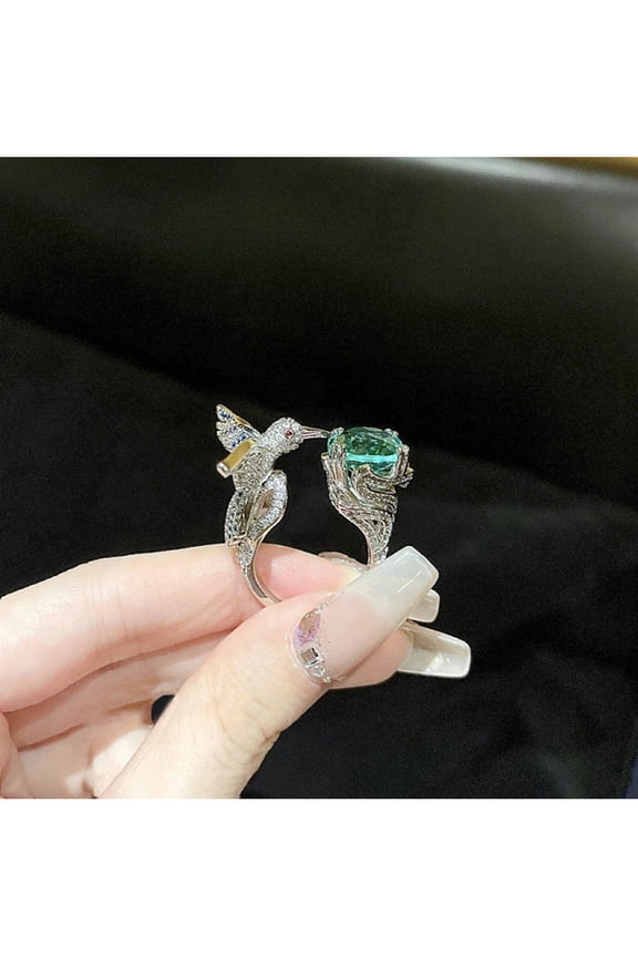 Oil Painting Peacock Green Diamond Bird Ring