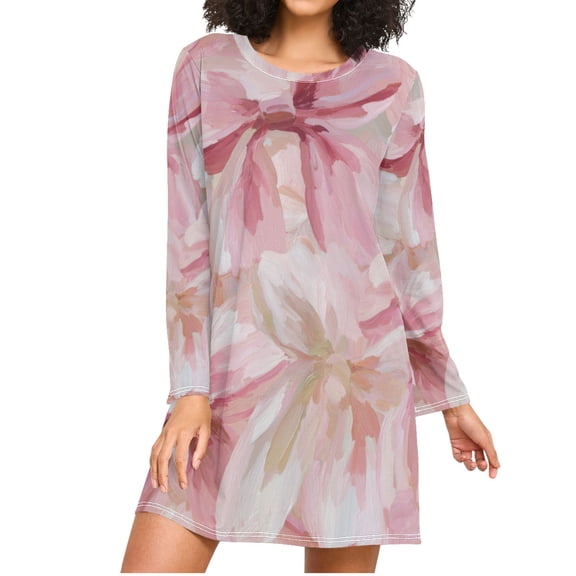 Oil Painting Pink Bows Women's Long Sleeves Nightgowns Sleepwear Soft Pajama A-line Sleep Dress XXXL