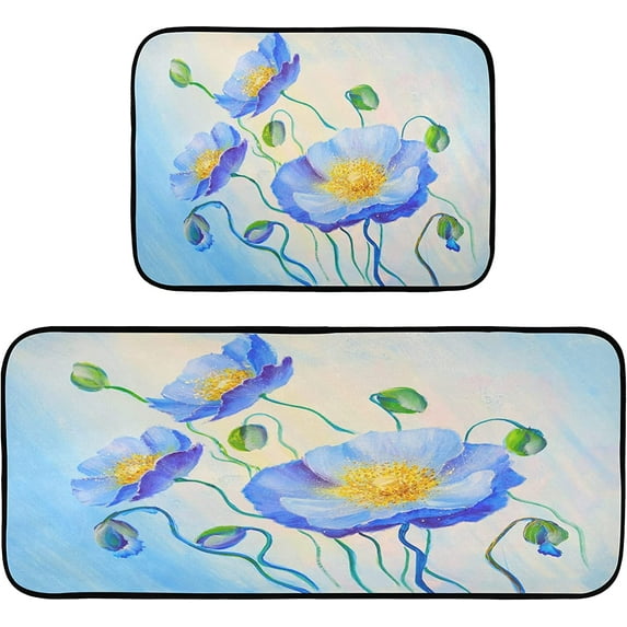 Oil Painting Poppy Kitchen Mats Blue Flower Florals Kitchen Rugs Runner Laundry Rug Non Slip Floor Door Mats Soft Doormats Carpet Home Decor Set of 2