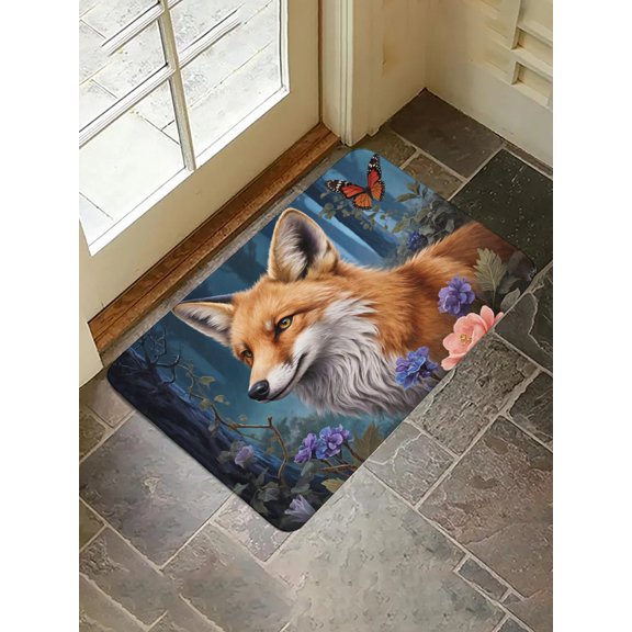 Oil Painting Red Fox Wildflower Butterfly Dark Forest Flannel Doormat, Multi-Size Non-Slip Floor Rug (16"x24", 20"x32", 24"x36")