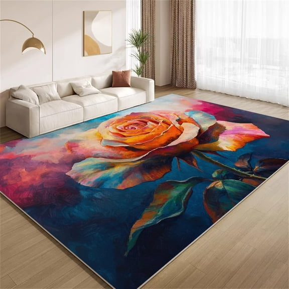 Oil Painting Rose Area Rugs, Retro Floral Art Pattern Carpet, Washable Non Slip Low Pile Soft Rug for Living Room Bedroom Office Decor Mat 4ftx6ft