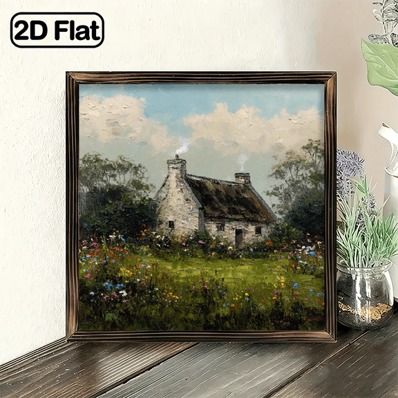 Oil Painting Rustic Cottage House in Floral Field Landscape Wall Art Print with Frame for Living Room Bedroom Office Home Decor Housewarming Gift for Family Friends, 8x8 Inch Decorative