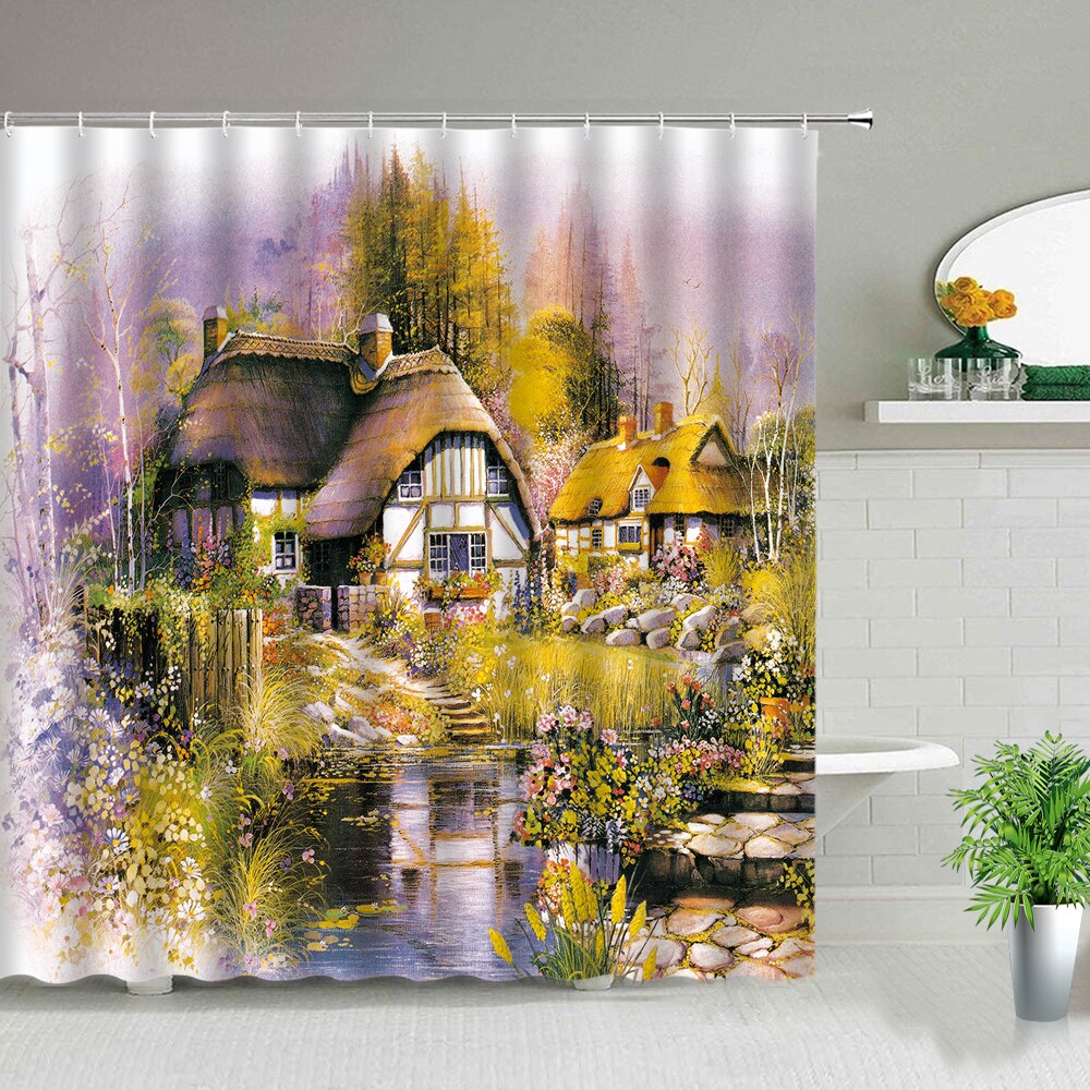 Oil Painting Scenery Shower Curtain Set Natural Landscape Forest Red