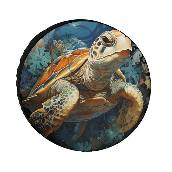 Oil Painting of A Sea Turtle with Coral And Sea Shells Camper Spare Tire Cover Marine Animal Sealife Wheel Tire Covers Waterproof Sun Protection for Camper Truck Travel Trailer 12inch