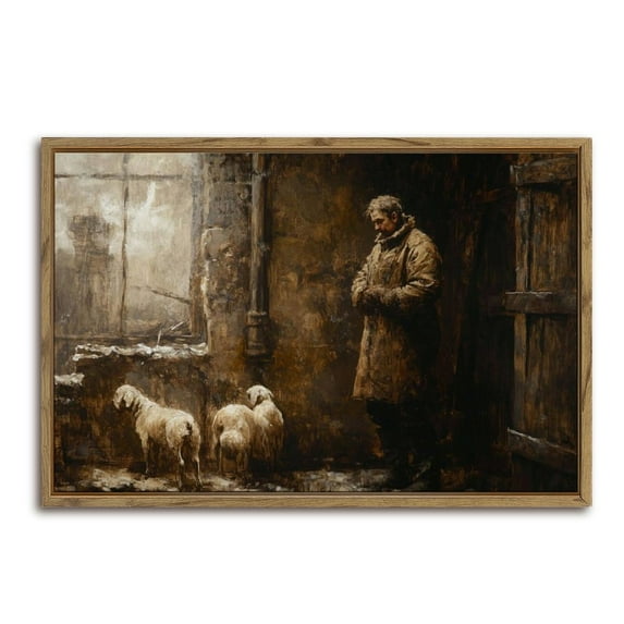 Oil Painting Sheep Man Coat Horizontal Canvas Wall Art with Lightweight Foam Frame - Durable and Ready to Hang, Modern Decorative Print for Living Room, Bedroom, Or Office