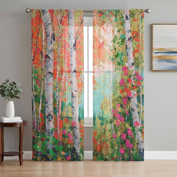 Oil Painting Sheer Curtains 72 Inch Length 2 Panels Set, Modern Abstract Art Summer Tree Leaves Green Pink Voile Window Treatment Curtains Sheers Drapes for Bedroom/Living Room/Kitchen 52"x72"x2