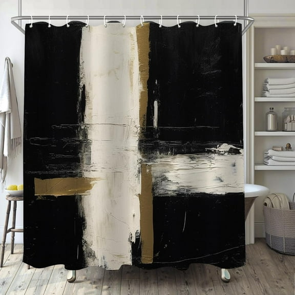 Oil Painting Shower Curtain for Bathroom, Black White Brown Rectangle Boho Shower Curtain Set, Brush Strokes Fabric Modern Waterproof Bathroom Decor with 12 Hooks 72x72in C