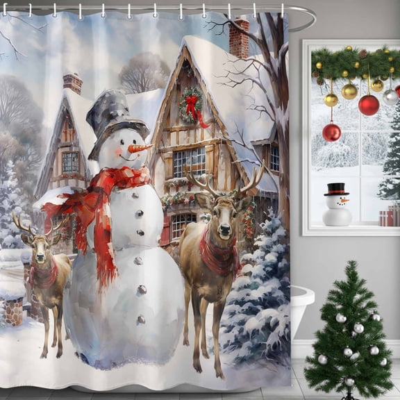 Oil Painting Shower Curtains for Bathroom, Christmas Snowman Elk Elf Waterproof Fabric Shower Curtain for Bathroom Bathtub Decoration, Machine Washable, 36"x72"