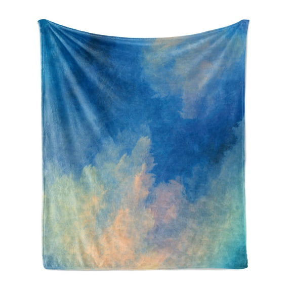 Oil Painting Soft Flannel Fleece Blanket, Dramatic Sky Clouds Pastel Sunrise Happiness Weather Grunge Tones, Cozy Plush for Indoor and Outdoor Use, 60" x 80", Violet Blue Pale Blue, by Ambesonne