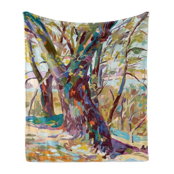Oil Painting Soft Flannel Fleece Blanket, Spring Forest by the Lake Woodland Nature Scenery with Tree Foliage Landscape, Cozy Plush for Indoor and Outdoor Use, 50" x 70", Multicolor, by Ambesonne