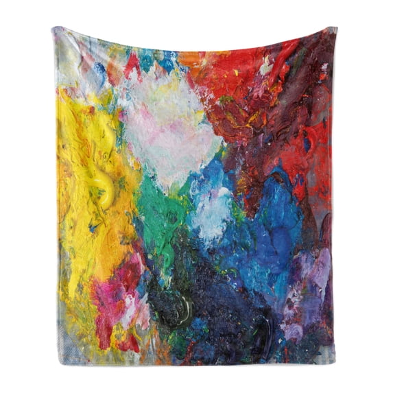 Oil Painting Soft Flannel Fleece Throw Blanket, Color Palette with Oil Paint Chaos Jumble Modern Creative Design Graphic, Cozy Plush for Indoor and Outdoor Use, 50" x 60", Multicolor, by Ambesonne