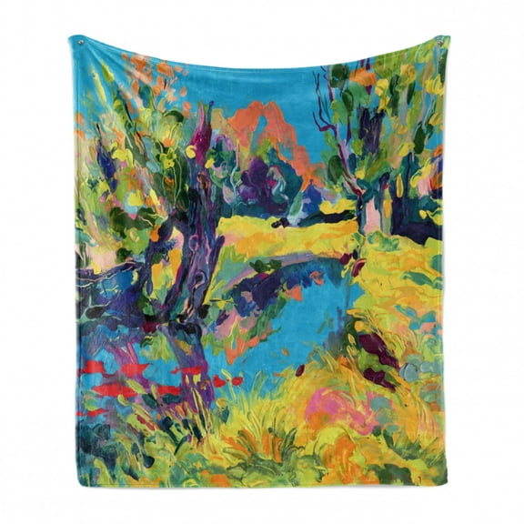 Oil Painting Soft Flannel Fleece Throw Blanket, Creek by the Tree with Mountains Backdrop Meadow Cottage Season Impressions, Cozy Plush for Indoor and Outdoor Use, 50" x 60", Multicolor, by Ambesonne