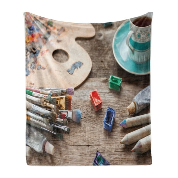 Oil Painting Soft Flannel Fleece Throw Blanket, Paintbrushes Artist Palette Pencils Coffee Cup on Wooden Table Watercolor, Cozy Plush for Indoor and Outdoor Use, 50" x 60", Multicolor, by Ambesonne