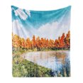 thumbnail image 1 of Oil Painting Soft Flannel Fleece Throw Blanket, Picturesque Lake Scene by Forest Trees Autumn Sunny, Cozy Plush for Indoor and Outdoor Use, 70" x 90", Orange Green, by Ambesonne, 1 of 5