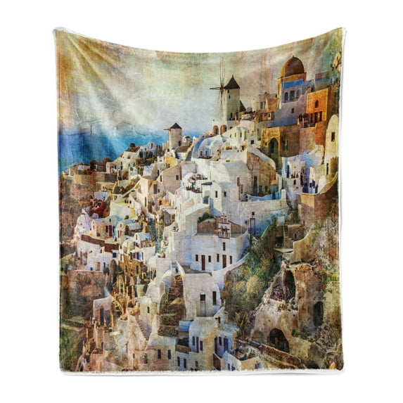 Oil Painting Soft Flannel Fleece Throw Blanket, Santorini Greece Cityscape Summer Town Mediterranean Coast Holiday Aerial, Cozy Plush for Indoor and Outdoor Use, 50" x 60", Multicolor, by Ambesonne