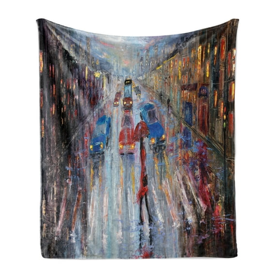 Oil Painting Soft Flannel Fleece Throw Blanket, Young Woman with Umbrella Crossing City Street in Rain Modern Impressionism, Cozy Plush for Indoor and Outdoor Use, 70" x 90", Multicolor, by Ambesonne