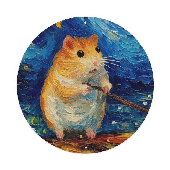Oil Painting Style Art Animal Hamster Vintage Metal Tin Sign Plaque Wall Decor for Cafe, Club, Garden Round Metal Poster 8x8Inch