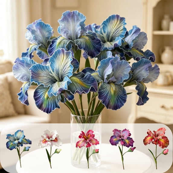 Oil Painting Style Artificial Bearded Iris Flower, Premium Eva Realistic Touch, Natural Vivid Coloring, Faux Floral Decor for Living Room, Bedroom Interior and Romantic Wedding Scene Layout, B