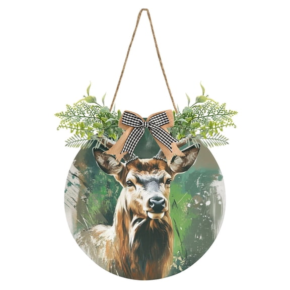 Oil Painting Style Deer Portrait Front Door Porch Decoration Hanging Sign with Artificial Green Plants and Bow for Home Outdoor Indoor