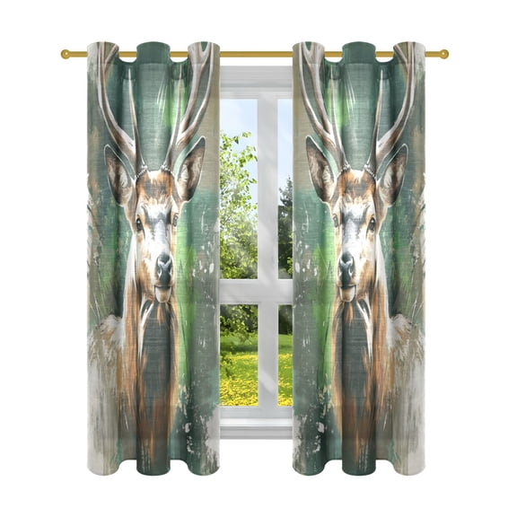 Oil Painting Style Deer Portrait Semi Sheer Curtains for Living Room Bedroom Set of 2 Insulated Window Drapes