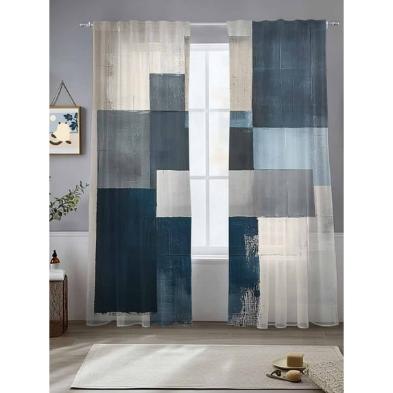 Oil Painting Style Sheer Curtains 108 Inches Long 2 Panels Abstract Blue Beige Color Block Light Filtering Semi Sheer Window Curtains Drapes for Bedroom Living Room 52"x108"