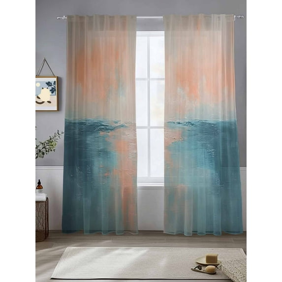 Oil Painting Style Sheer Curtains 108 Inches Long 2 Panels Abstract Yellow Blue Ocean Sunset Light Filtering Semi Sheer Window Curtains Drapes for Bedroom Living Room 52"x108"