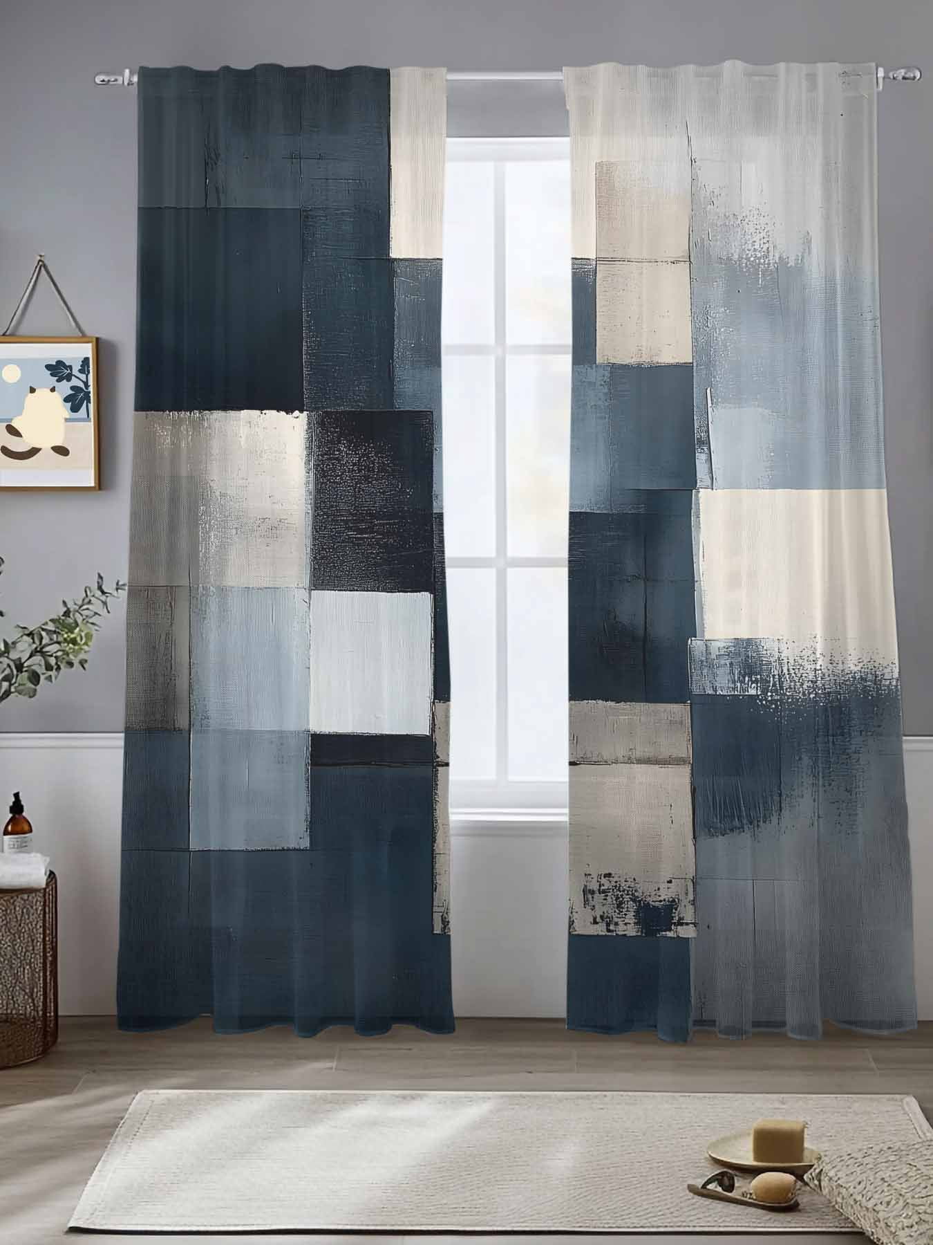Oil Painting Style Sheer Curtains 84 Inches Long 2 Panels Abstract Blue ...