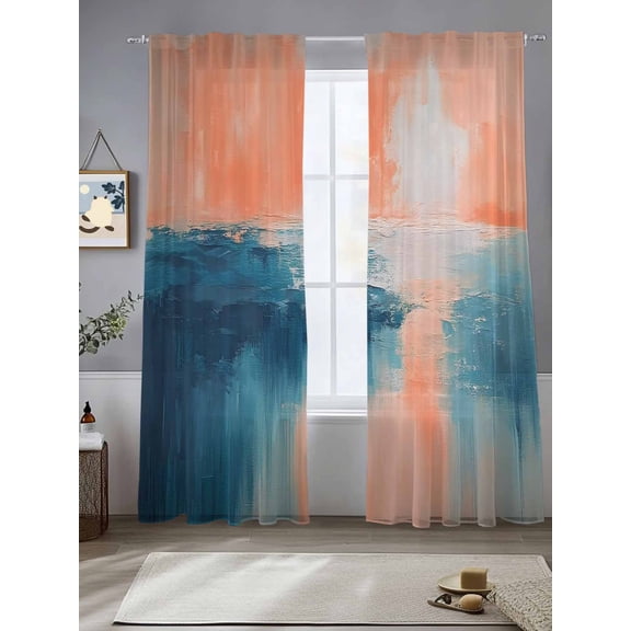 Oil Painting Style Sheer Curtains 84 Inches Long 2 Panels Vintage Yellow Blue Ocean Sunset Light Filtering Semi Sheer Window Curtains Drapes for Bedroom Living Room 52"x84"