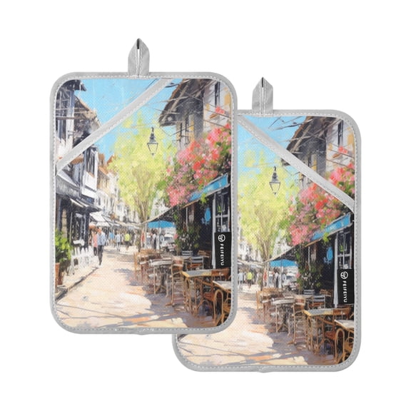 Oil Painting Style Street Map Oven Mitts Pot Holders 2 pcs Heat Resistant for Kitchen Baking Grilling
