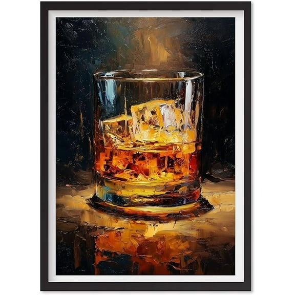 Oil Painting Style Vintage Whiskey Wall Art or Canvas, Bourbon Whiskey in Glass Print, Unique Man Cave Decor Perfect Gift for Whiskey Lovers