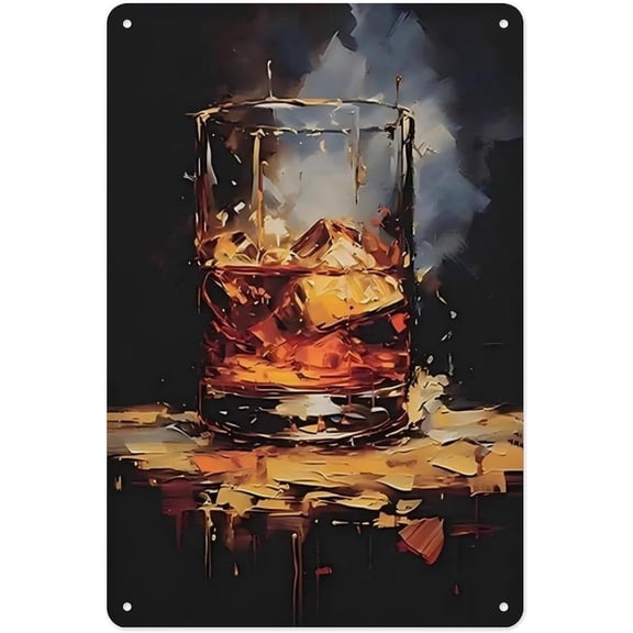 Oil Painting Style Whiskey Bourbon Glass Metal Sign Poster 12x8 Inch Single Size Vintage Wall Art Bar Pub Man Cave Decor Rustic Home Kitchen Lounge Cocktail Drink Lovers Gift Retro