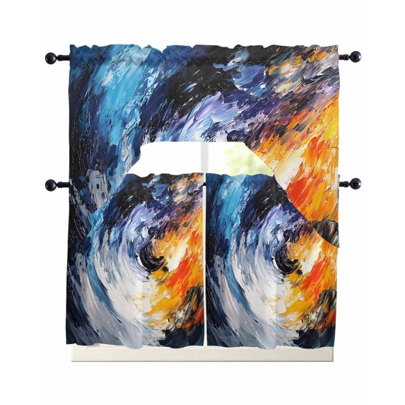 Oil Painting Swag Kitchen Curtains Sets for Windows 24 Inch Length, Modern Abstract Colorful Smear Aesthetic Short Window Curtain Panels Swags Valances and Tiers 3 Piece Set for Cafe/Dining Room