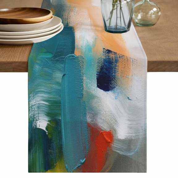 Oil Painting Table Runner, Colorful Modern Abstract Graffiti Art Washable Cotton Linen Table Runners 36 Inches Long, Dresser Scarf Runner for Nightstand/End Tables/Round Tables 13''x36''