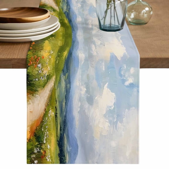 Oil Painting Table Runner, Modern Grassland Mountain Scenery Washable Cotton Linen Table Runners 36 Inches Long, Dresser Scarf Runner for Nightstand/End Tables/Round Tables 13''x36''