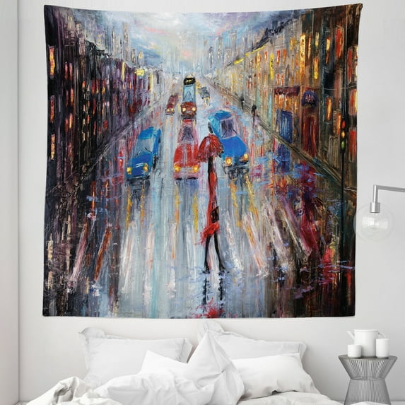 Oil Painting Tapestry, Young Woman with Umbrella Crossing City Street in Rain Modern Impressionism, Fabric Wall Hanging Decor for Bedroom Living Room Dorm, 5 Sizes, Multicolor, by Ambesonne